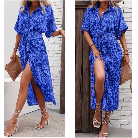 BellanBlue Dresses & Skirts - Leopard Print Button up Kimono Sleeve Shirt Dress